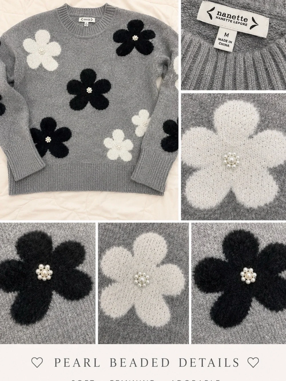 Nanette Nanette Lepore Floral Pearl Sweater Medium Gray Black White